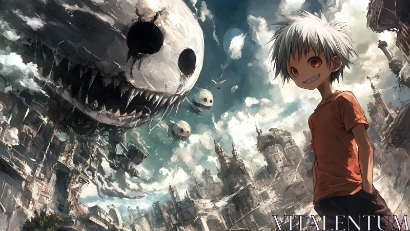 Smiling white haired boy in ruined city with monster sky