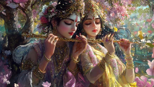 Ornate divine duo in floral grove, luminous digital painting.