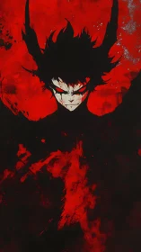 Dark horned anime figure framed by intense red background.