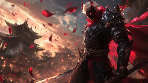 Armored dark swordsman dominates burning pagoda skyline in petals
