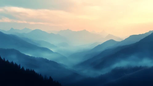 Layered blue mountain ridges recede into soft sunrise haze