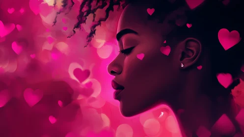 Neon pink portrait with luminous heart shapes in digital 3D rendering