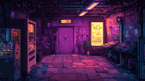 Dim corridor shows industrial equipment in neon-lit basement