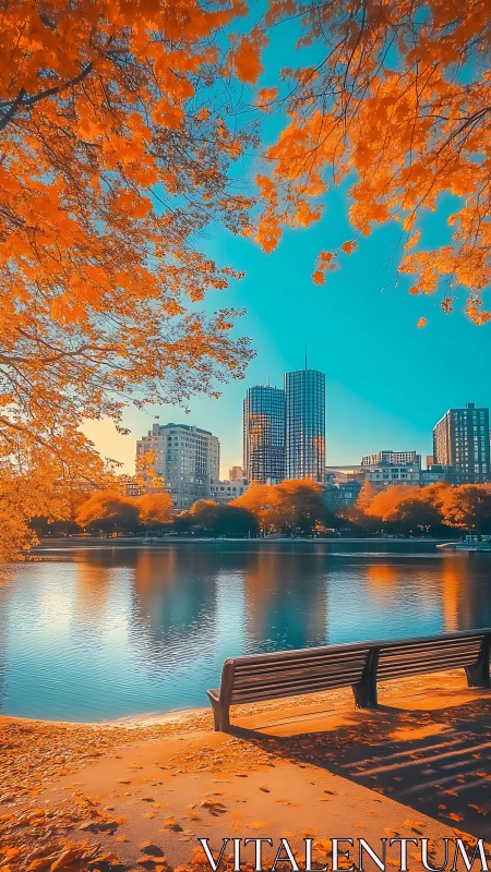 Urban waterfront park bench with autumn foliage and towers.