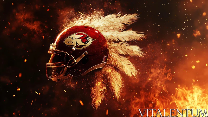 Red football helmet with feather crest amid orange embers.