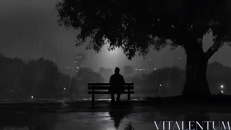 Solitary silhouette bargains with rain beneath a patient tree