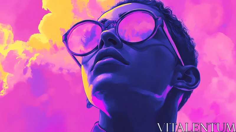 Digital portrait shows upward gaze with reflective glasses
