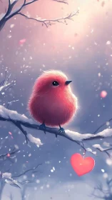 Pink Avian Figure on Snowy Branch with Suspended Heart Motif