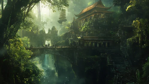 Ancient temple complex rises above misty jungle river gorge