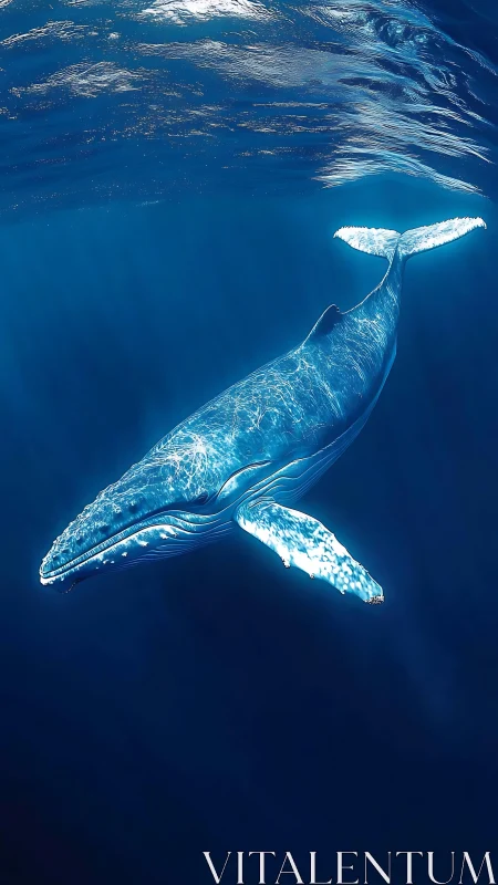 Blue whale glides through sunlit ocean depths in silence.