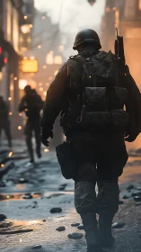 Photorealistic urban soldier study with cinematic depth of field.