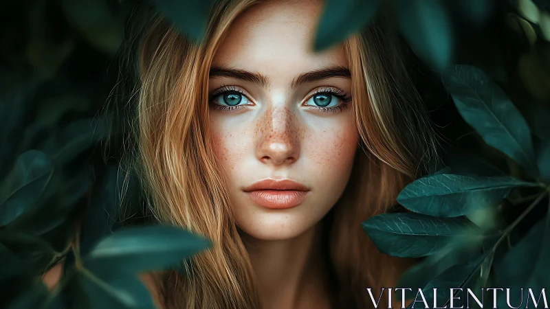 Young woman with blue eyes framed tightly by dense green leaves