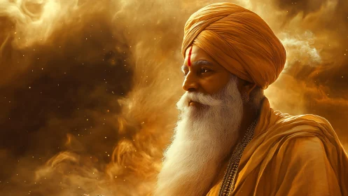 Golden-clad elder sage profile in luminous nebular haze