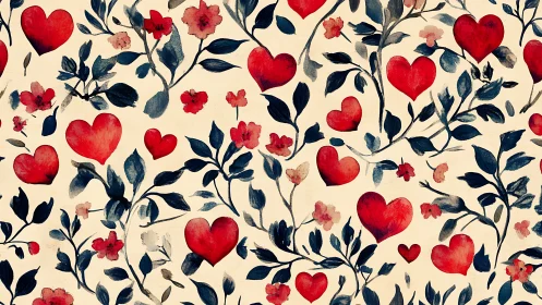 Red Hearts and Floral Vines on Cream Background.
