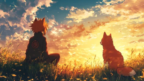 Anime sunset field scene with contemplative boy and fox silhouette.