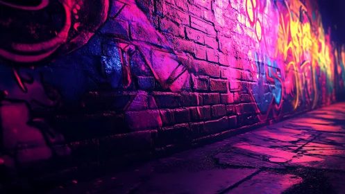 Neon graffiti alley glows along a wet brick wall at night.