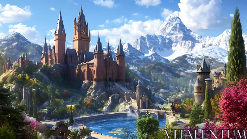 Mountain citadel with lakeside bridge in luminous spring light.