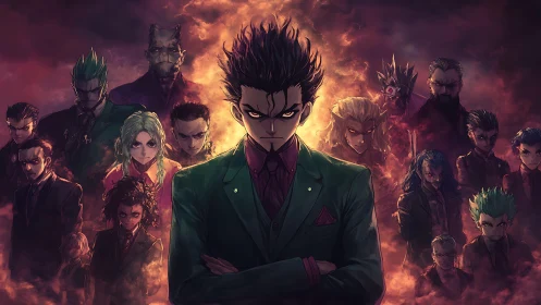 Central suited antihero before ominous fiery ensemble lineup.