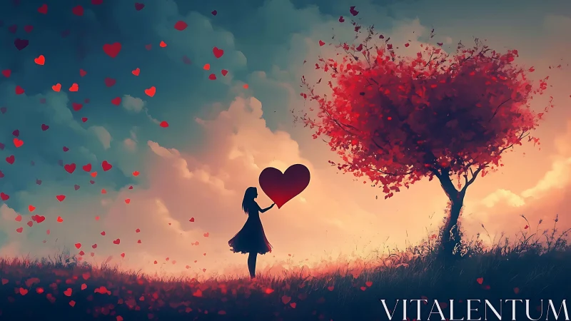 Girl with heart under tree with floating heart particles at sunset
