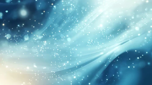 Abstract blue and white swirl with glowing light and bokeh effects.
