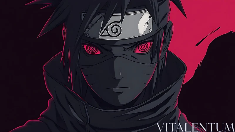 Scarlet-eyed masked ninja ignites the shadows with silence.