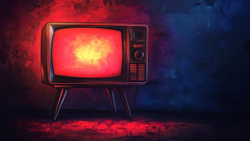 Retro television glowing against red and blue backdrop.