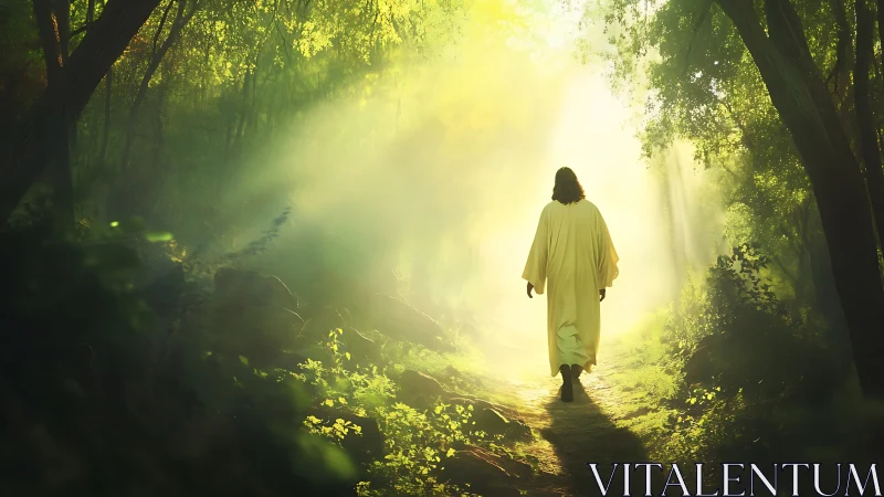 Backlit robed figure walking forest path in radiant morning light