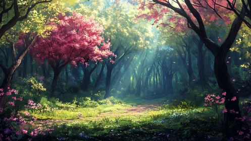 Enchanted Forest with Blooming Trees and Luminous Canopy