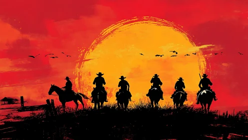 Cowboy riders silhouetted against bold red sunset sky.