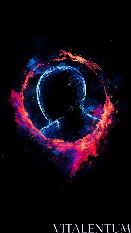 Glowing faceless figure encircled by neon fire ring.