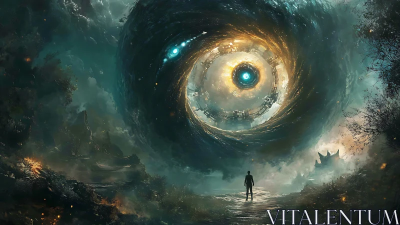 Starlit wanderer confronts colossal cosmic vortex gateway.