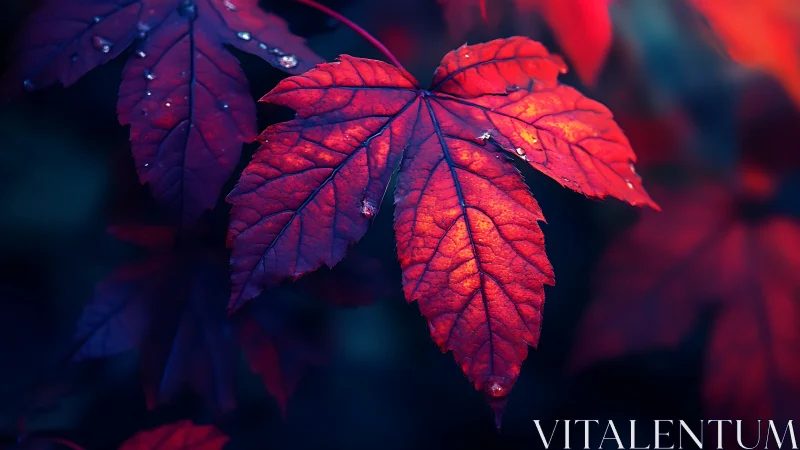 Scarlet maple leaf glows against deep blue forest background