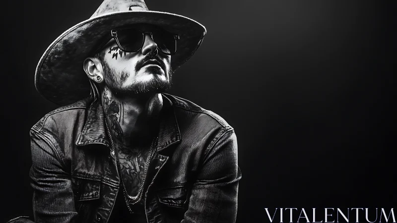 Monochrome portrait shows tattooed man in hat and jacket