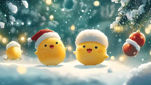 Joyful yellow chicks share a magical snowy holiday moment