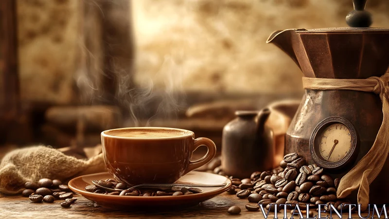 Steaming espresso still life rendered in warm photoreal tones