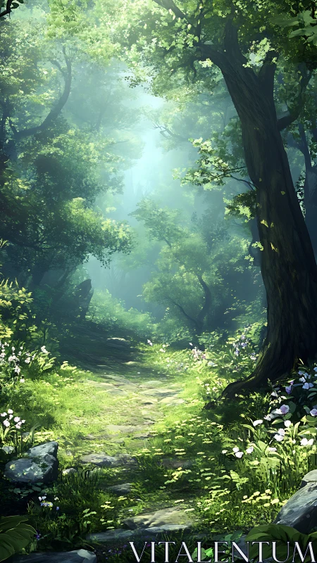 Misty forest path through ancient woodland sanctuary.