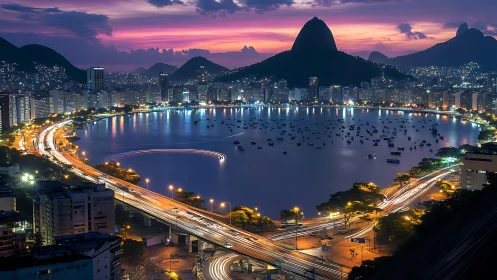 Twilight long-exposure cityscape encircles illuminated coastal bay