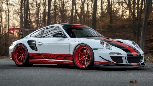 White track-focused sports car with red accents in forest setting.