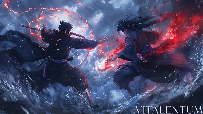 Two dark-robed warriors locked in a red-lit ocean duel.