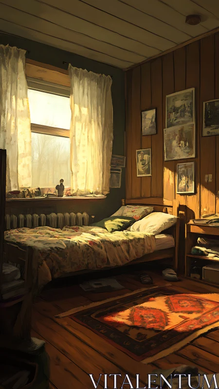 Golden hour bedroom nook steeped in nostalgic quiet warmth.