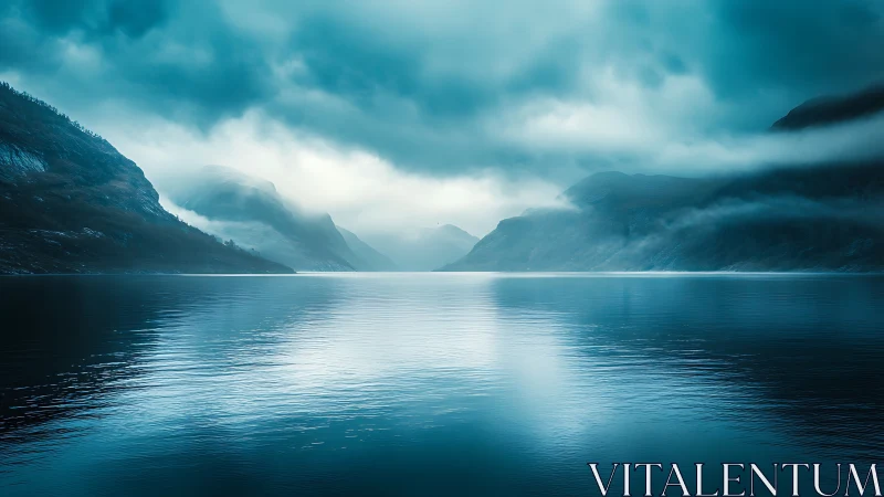Low-contrast glacial fjord under stratified mist with mirrored water
