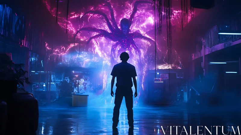 Neon void titan confronts lone explorer in glowing warehouse.