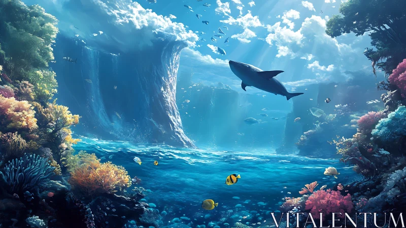 Underwater reef scene with shark and cascading seascape.