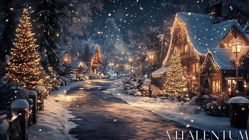 Snowy village street glows with warm festive illumination at night