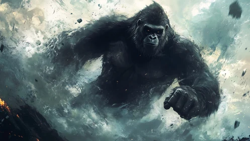 Dynamic digital painting of colossal gorilla in storm surge.