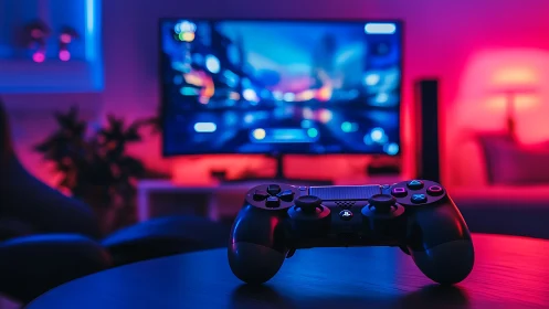 Game controller rests before neon lit gaming screen.