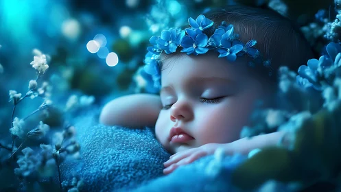 Sleeping Child in Blue Floral Crown with Ethereal Botanical Surroundings.
