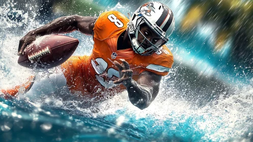 Football player diving through stylized water in action.