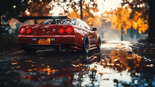 Red performance coupe on wet autumn road with deep bokeh light