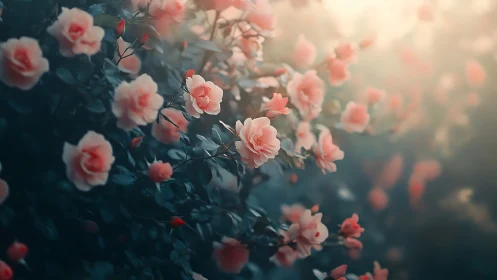 Pink roses bloom in soft-focused garden with misty atmospheric lighting